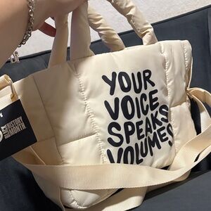 Cream Quilted Tote with Bold Text